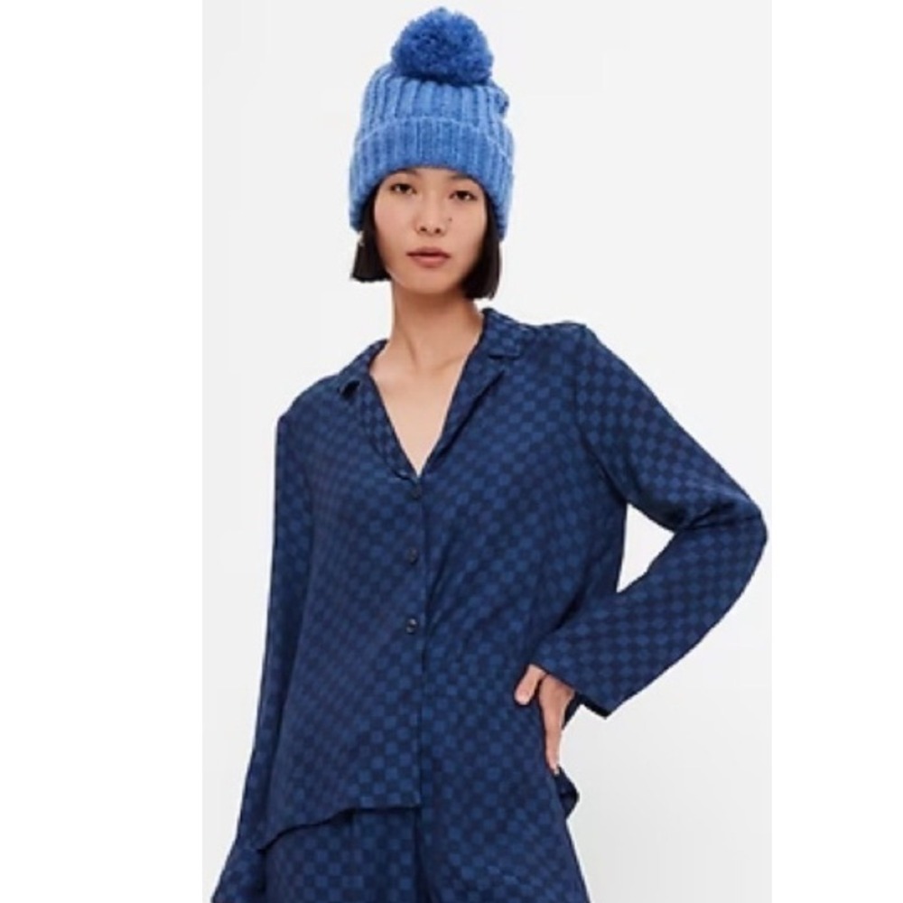 Gap Body Satin Blue Checkered Long Sleeve Pajama‎ Button Up Shirt Top XS NWT